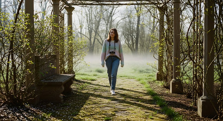 Young woman walking in the park with a camera in her hand.の素材