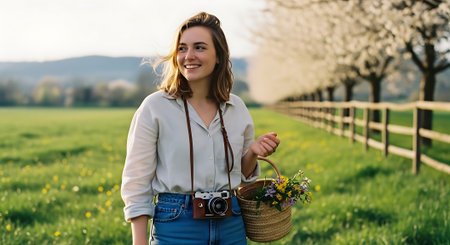 Portrait of a beautiful young woman holding a basket of spring flowers in the countryside.の素材