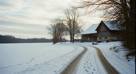 Winter rural landscape with a road, trees and houses in the backgroundの素材