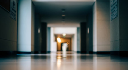 Blurred image of a corridor in a modern office building. Abstract backgroundの素材
