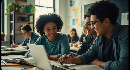 Group of multiethnic students sitting at table in classroom and studying togetherの素材