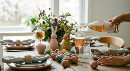 Easter table setting with colorful eggs, bunny and glass of champagneの素材