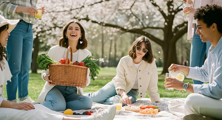 happy friends with picnic basket having fun in park on sunny spring dayの素材