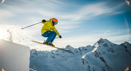 Skier jumping in snow mountains. Extreme winter sport. 3D Renderingの素材