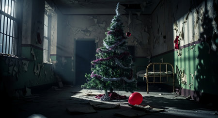 Christmas tree in an abandoned room. 3d rendering. Mixed mediaの素材