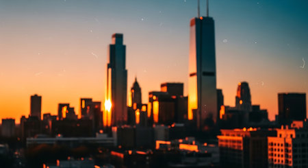 Abstract blurred background of skyscrapers in New York City at sunsetの素材
