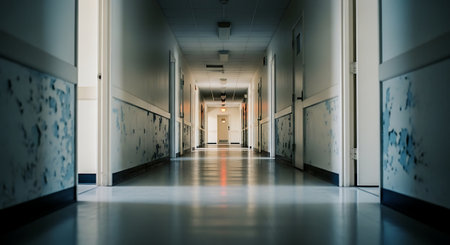 Long corridor in a hospital. Blurred image. Long corridor in the hospital.の素材