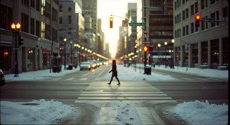 Man walking on a crosswalk in New York City, USA.の素材