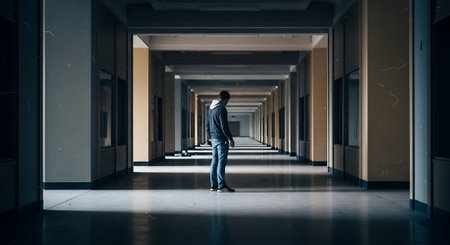 Businessman walking in the corridor of modern office building. Mixed mediaの素材