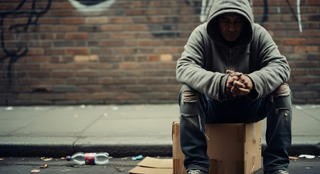 Homeless man sitting on a cardboard box in the city. Homelessness concept.の素材