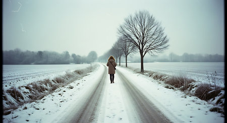 Woman walking on a snowy road through the fields and trees in winterの素材
