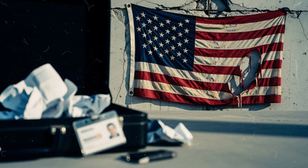 American flag in front of a wall with some crumpled papersの素材