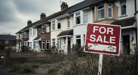 For sale sign in front of a row of houses in the countrysideの素材