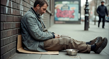 Homeless beggar man sitting on the street and begging for moneyの素材