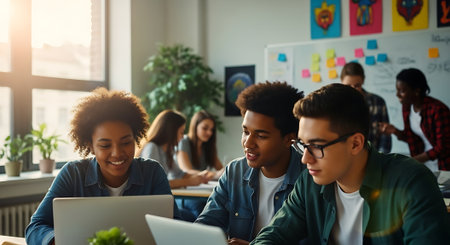 Group of multiethnic young business people working together on laptop in modern officeの素材