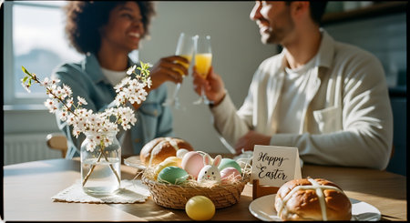 cropped shot of happy couple celebrating easter at home with easter eggsの素材