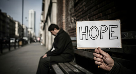 Homeless man sitting on a bench in the street holding a hope signの素材