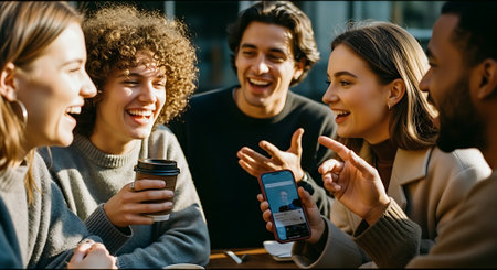 Group of young multiethnic friends using smartphone and drinking coffee in cafeの素材