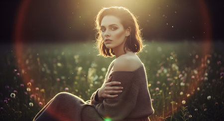 Beautiful young woman in a field at sunset. Beauty, fashion.の素材