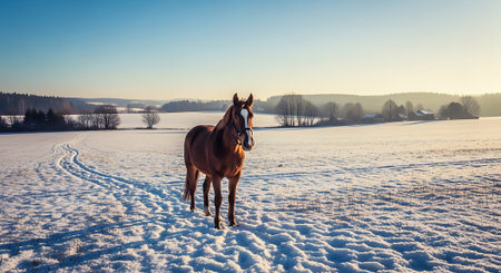 Horse in the winter field. Beautiful landscape with a horse in the field.の素材