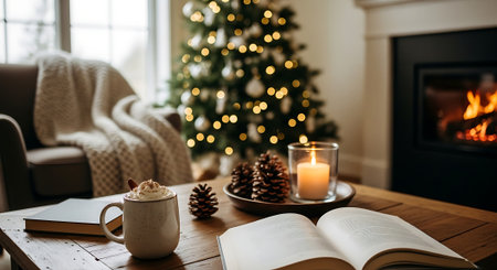 Cup of coffee with marshmallow and book near christmas tree at homeの素材
