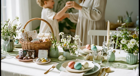 Easter table setting with cute little boy and his mother at homeの素材