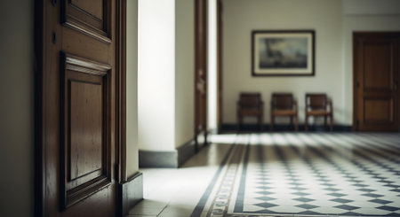 Interior of an empty room with wooden doors and a marble floorの素材