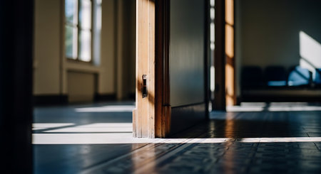 Wooden door in the hall of a modern building. Shallow depth of field.の素材