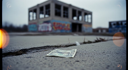 Dollar banknote on the asphalt in front of an abandoned buildingの素材