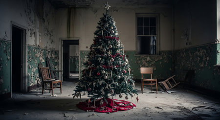 Christmas tree in an old room with green walls and a broken chairの素材