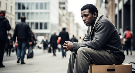 African american man sitting on a bench in the city and looking awayの素材