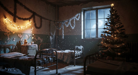 Interior of an old abandoned house with christmas tree and lightsの素材