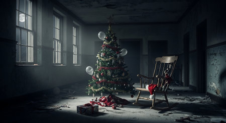 Christmas tree and chair in an empty room. 3D rendering.の素材