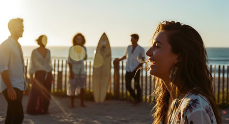 Group of friends having fun on the beach at sunset. Selective focus.の素材