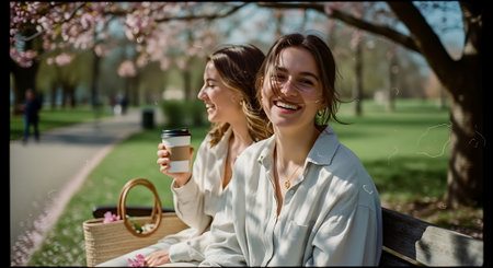 Two beautiful young women drinking coffee in a park on a sunny dayの素材