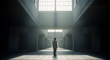 Rear view of businessman standing in hall with light coming from windowの素材