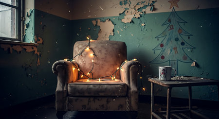 Abandoned room with armchair and Christmas lights. Retro styleの素材