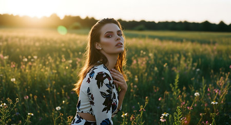 Beautiful girl in a field with flowers at sunset. Portraitの素材