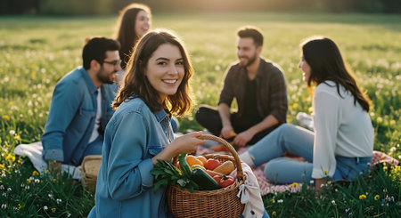 Group of young people having picnic in the park. They are sitting on the grass and eating vegetables.の素材