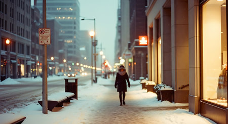 Woman walking on the street in the city at winter time. Urban scene.の素材