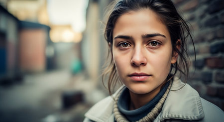 Portrait of a beautiful young woman in the city. Selective focus.の素材