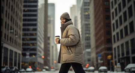 young man in winter coat with paper cup of coffee walking on city streetの素材