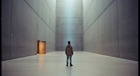 Man in front of the entrance to the modern building. 3d renderingの素材