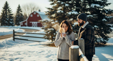 Couple in love drinking hot coffee in winter. Man and woman in warm clothes on the background of red barn.の素材