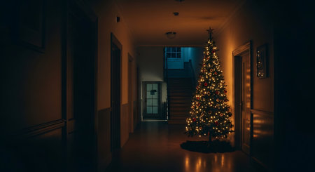 Christmas tree in the dark corridor at night. 3d rendering.の素材