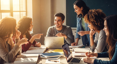 Group of multiethnic students studying together in classroom. Education conceptの素材