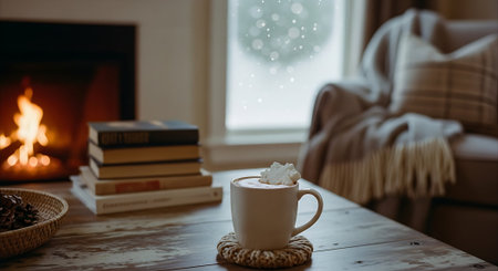 Cup of coffee with marshmallow and books on wooden table near fireplaceの素材