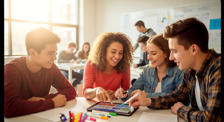 Multiethnic group of students using a digital tablet while sitting at a table in a classroomの素材