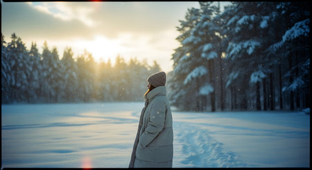 Woman walking in snowy forest at sunset. Rear view. Concept of winter holidays.の素材
