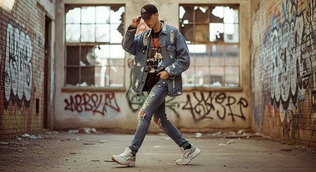 Stylish young hipster man in jeans jacket and cap posing in an abandoned building.の素材